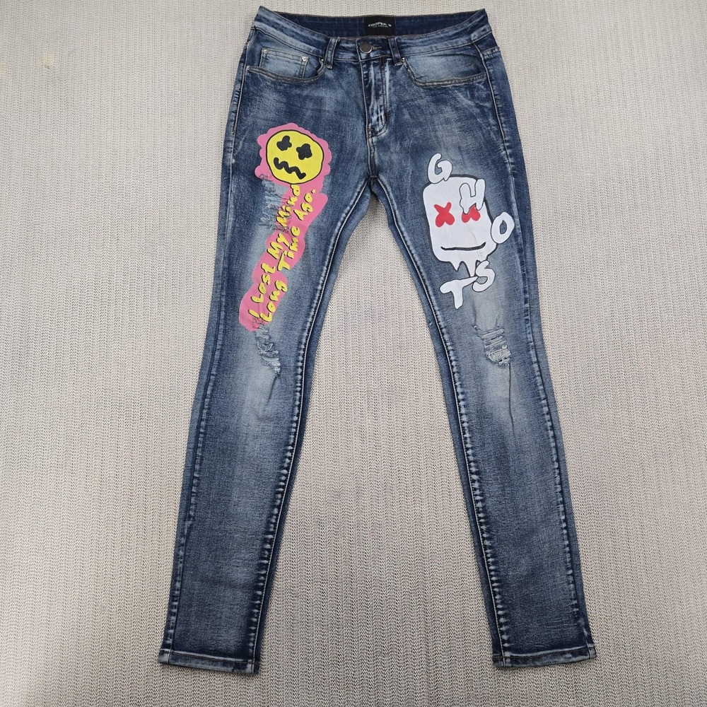 Cooper 9 Jeans Mens 30x32 Blue Skinny Slim Fit Distressed Ghost Graphic Cartoon
